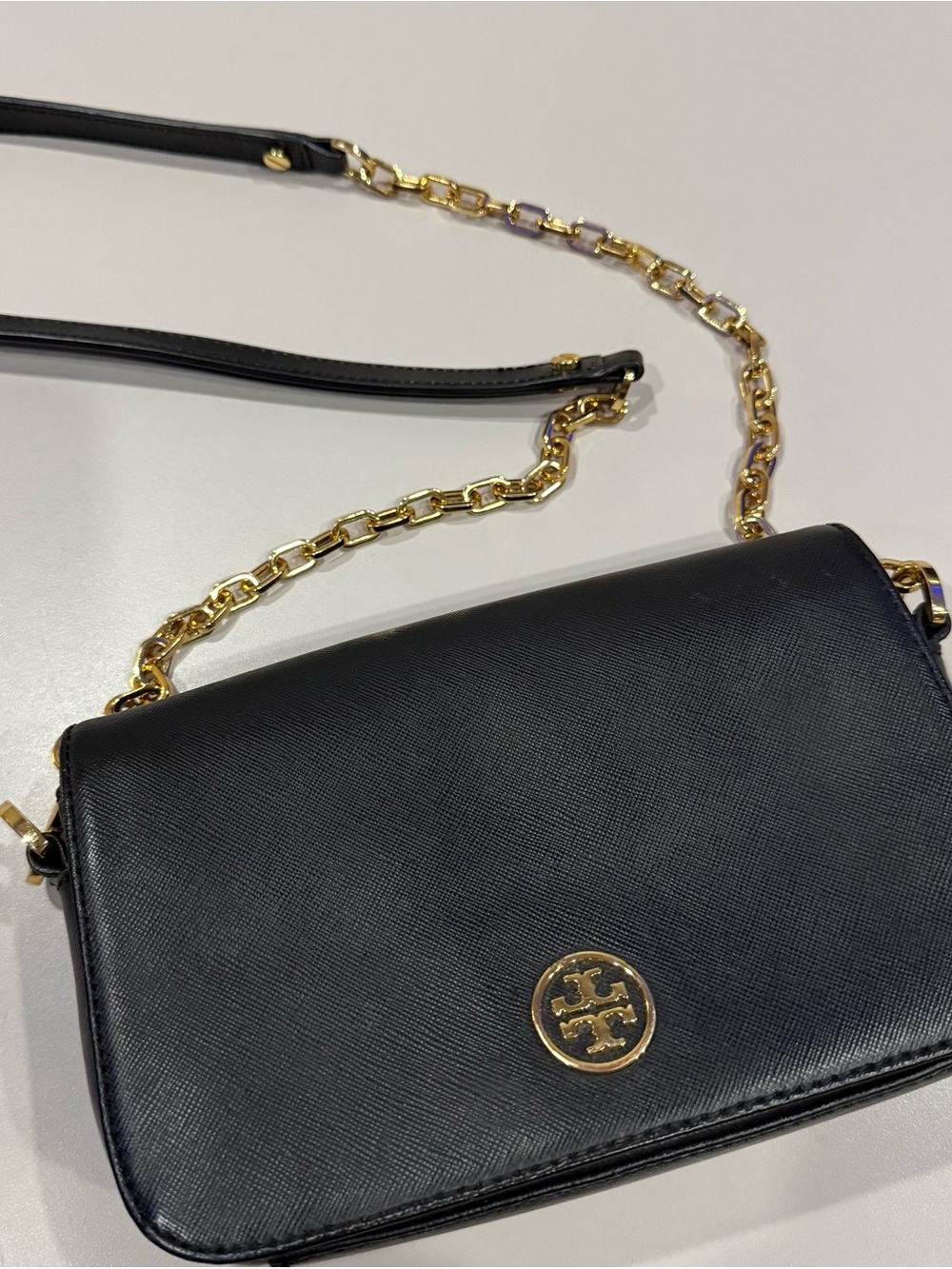 Tory Burch Robinson Mini Black Leather Bag with gold chain & hardware.